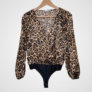 Women's‎ Leopard Print Long Sleeve Bodysuit Wrap V Neck Snap Closure
